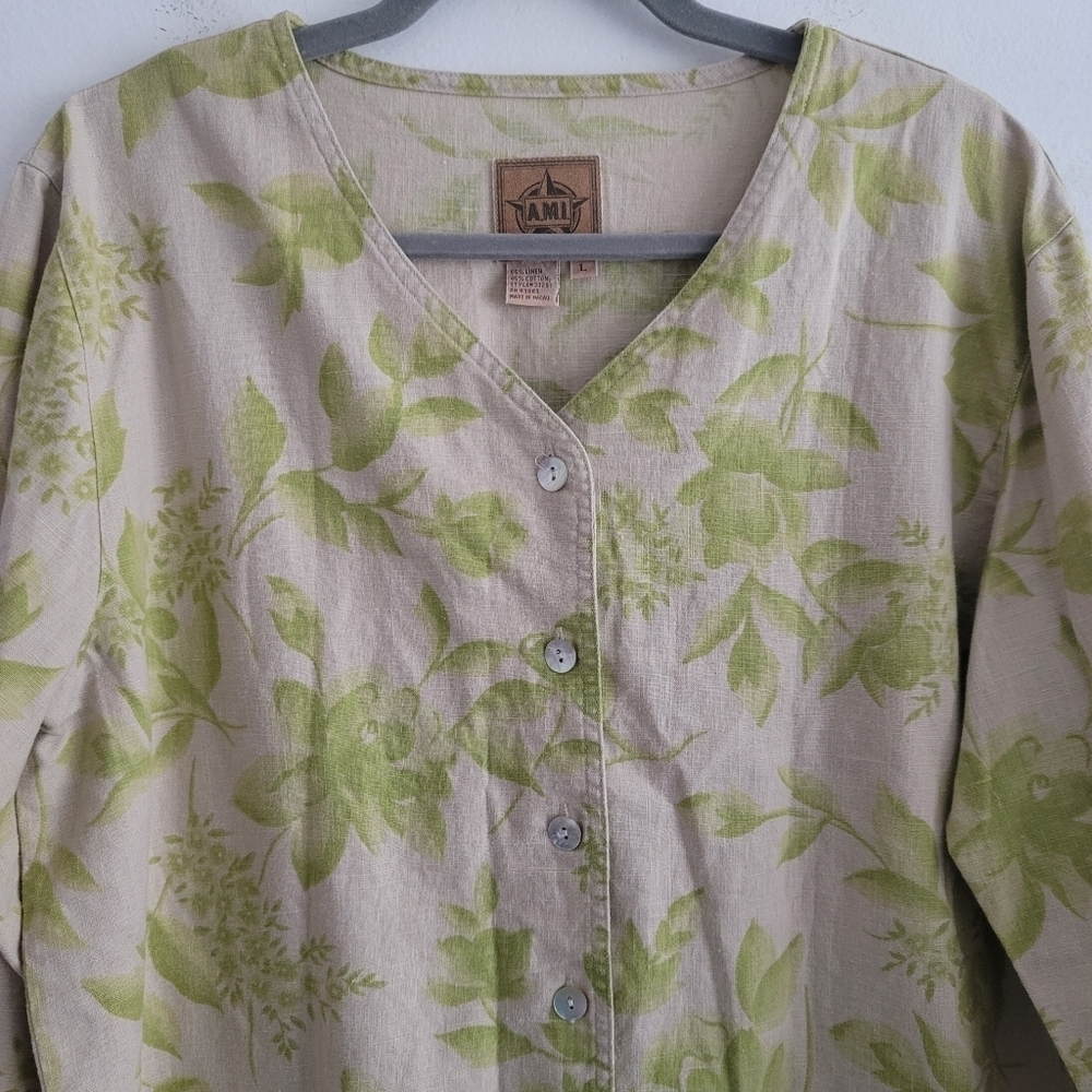 VTG A.M.I. Green Floral Tan Button Up V-Neck Shirt Lagenlook Linen Cotton Large - Picture 4 of 10
